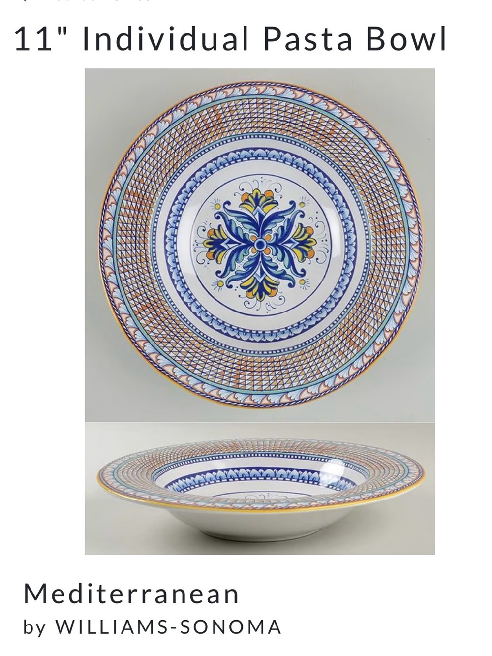 Williams-Sonoma Mediterranean 11.5"Pasta Bowl Blue & White (retired) 6 available